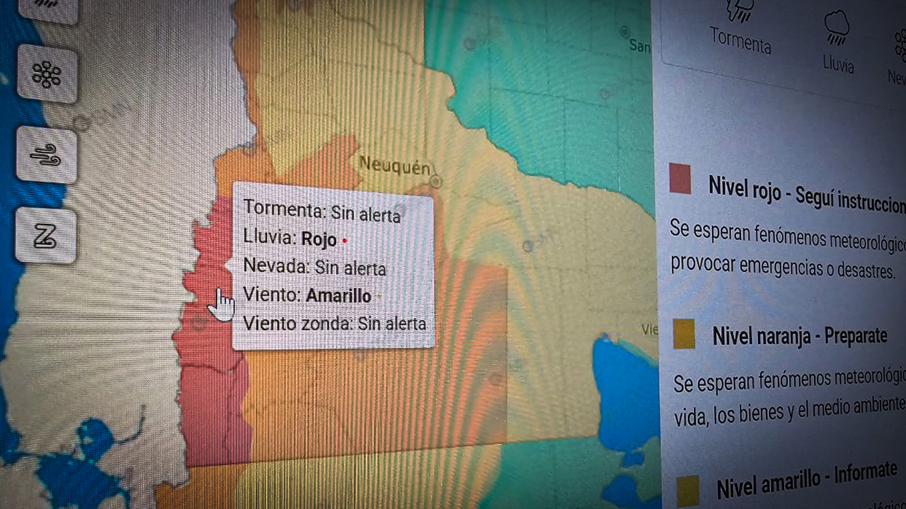 captura de pantalla de un mapa del sur de la provincia del neuquén, mostrando un alerta meteorológica