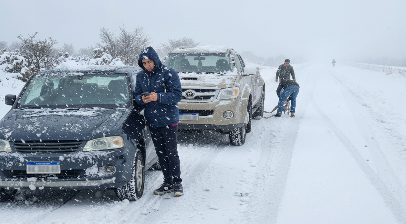imagen realizada con IA, auto y camioneta varados en la ruta en una copiosa nevada, los conductores tratan de comunicarse por celular y colocar cadenas en las ruedas de los vehìculos