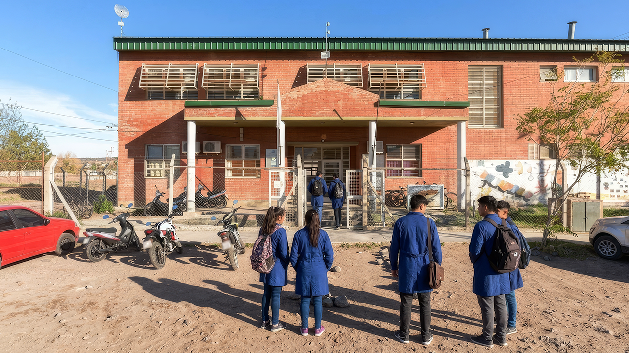Imagen de frente de escuela secundaria con niñas y niños entrando al establecimiento.