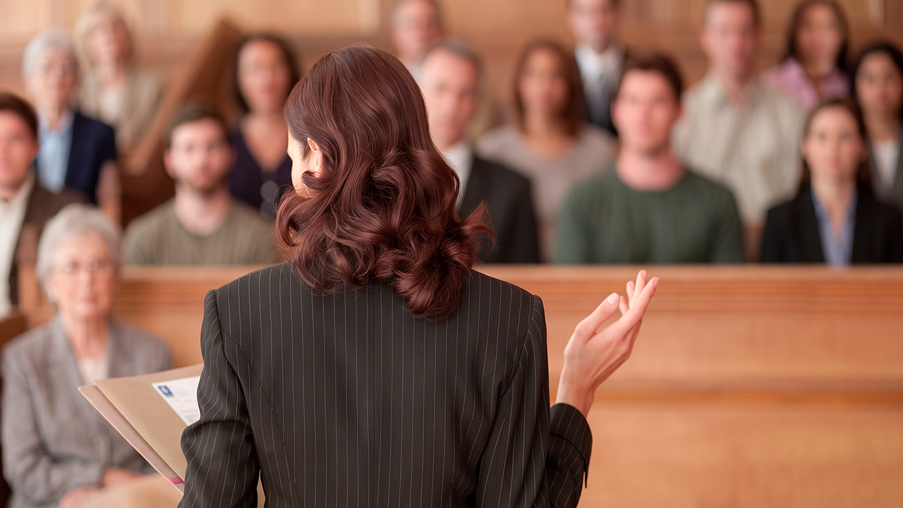 mujer abogada de espaldas a la camara, mirando y hablando a un grupo de personas que son jurados populares en una sala de juicio